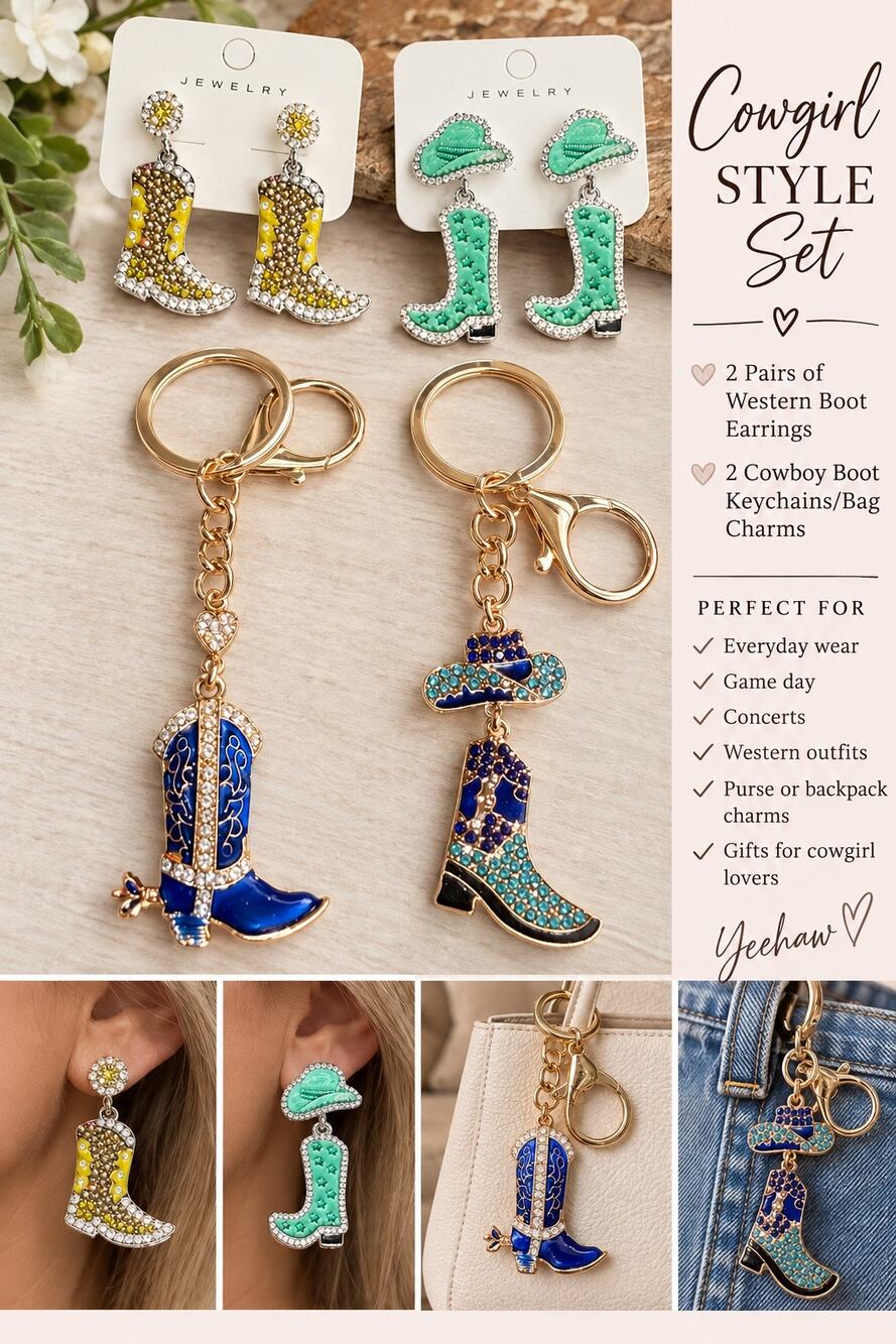 Cowgirl western Jewelry Bag Charm Set! 2 earrings 2 keychains cute sparkly gift